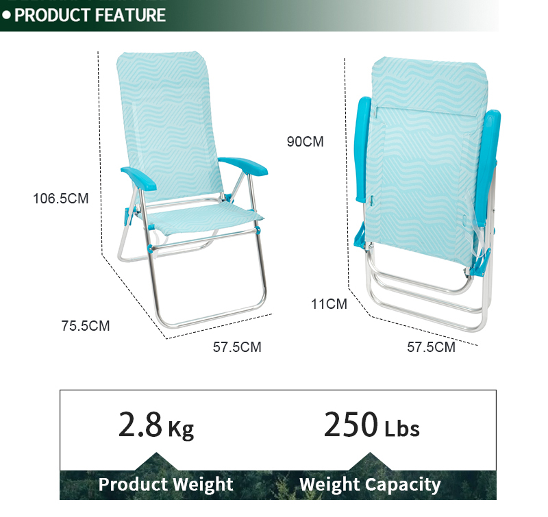 Durable Portable Adjustable Reclining Outdoor Lounge Folding Beach Chair with High Back