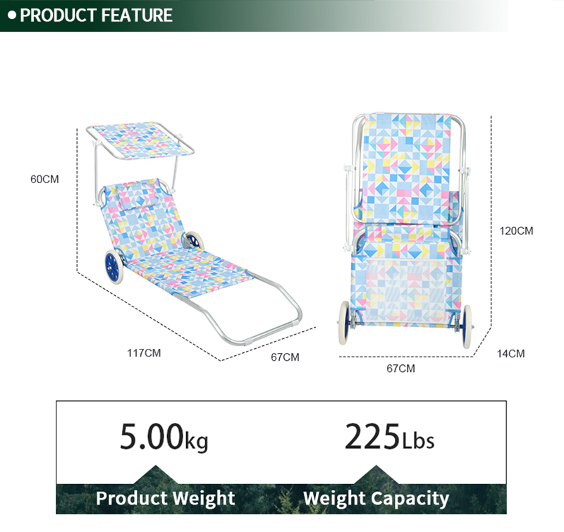 Foldable Beach Trolley with Wheels and Head Pillow for Portable Use