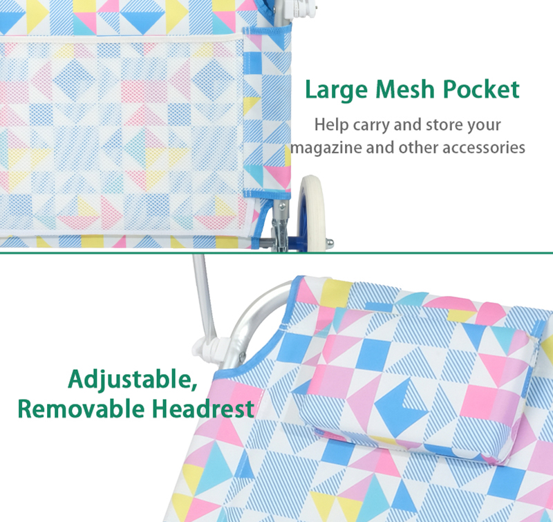 Foldable Beach Trolley with Wheels and Head Pillow for Portable Use