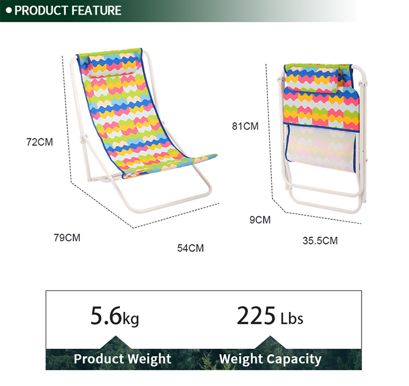 Folding Beach Chair with Pillow – Steel Frame & Polyester Fabric