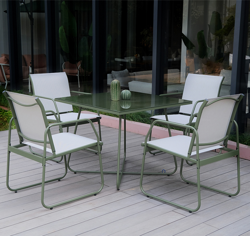 5-Piece Outdoor Dining Set with Tempered Glass Table and Sling Chairs – Steel Frame for Patio or Garden
