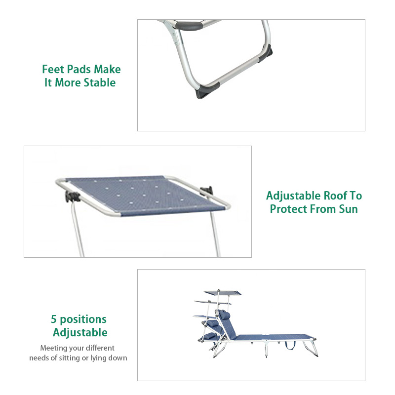 Outdoor Modern Aluminum Foldable Beach Chaise Sun Lounge Chair Outdoor with Canopy