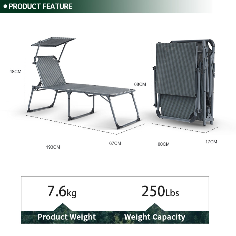 Sun Lounge Chair Aluminium Beach Folding Bed Chaise Lounger Outdoor Bed with Canopy